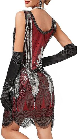 Women 1920s Gatsby Lace Short Sleeve Tassel Cocktail Flapper Dress with Tea Party Accessories Set in Kuwait