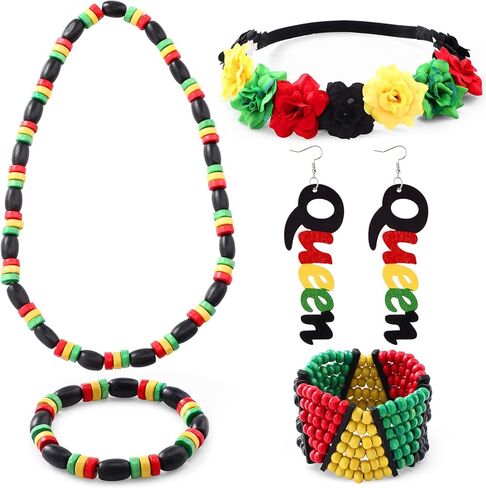 5 Pcs African Jewelry Sets for Women,Multicolor Beaded Jamaican Bracelets Dangle African Earrings Rasta Beads Necklace Black Red Green Yellow Flower Crown Headband in Saudi Arabia