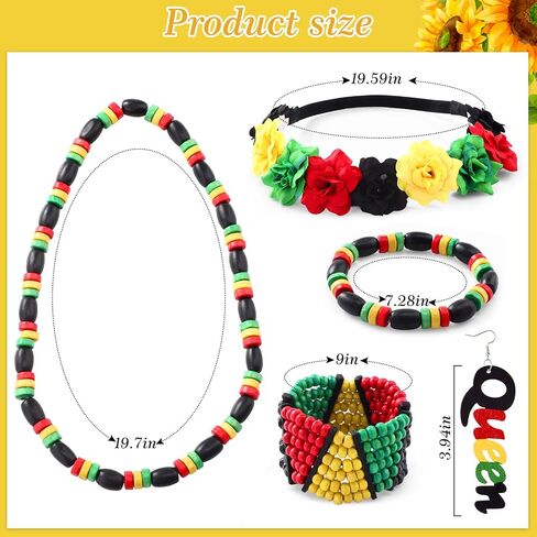 5 Pcs African Jewelry Sets for Women,Multicolor Beaded Jamaican Bracelets Dangle African Earrings Rasta Beads Necklace Black Red Green Yellow Flower Crown Headband in Saudi Arabia