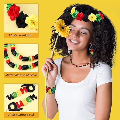 5 Pcs African Jewelry Sets for Women,Multicolor Beaded Jamaican Bracelets Dangle African Earrings Rasta Beads Necklace Black Red Green Yellow Flower Crown Headband in Saudi Arabia