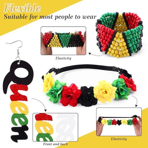 5 Pcs African Jewelry Sets for Women,Multicolor Beaded Jamaican Bracelets Dangle African Earrings Rasta Beads Necklace Black Red Green Yellow Flower Crown Headband in Saudi Arabia