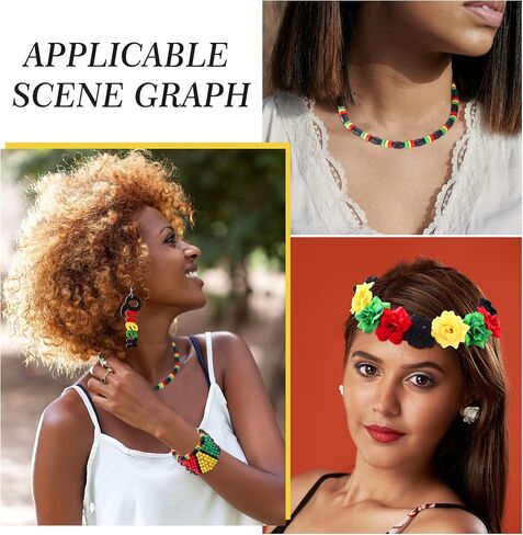 5 Pcs African Jewelry Sets for Women,Multicolor Beaded Jamaican Bracelets Dangle African Earrings Rasta Beads Necklace Black Red Green Yellow Flower Crown Headband in Saudi Arabia