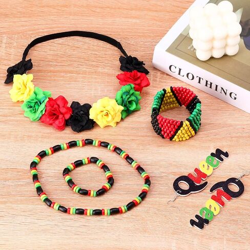 5 Pcs African Jewelry Sets for Women,Multicolor Beaded Jamaican Bracelets Dangle African Earrings Rasta Beads Necklace Black Red Green Yellow Flower Crown Headband in Saudi Arabia