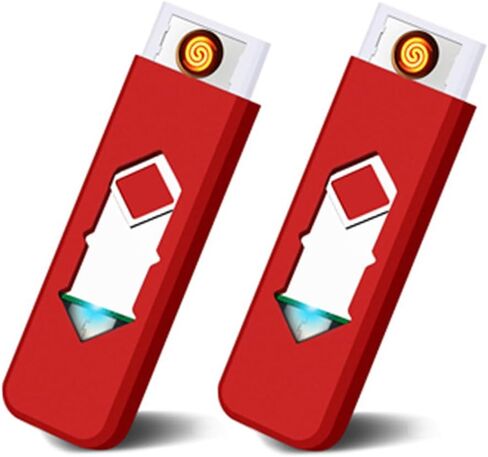 2 قطعة ولاعة إلكترونية صغيرة USB قابلة لإعادة الشحن ولاعة إشعال مقاومة للرياح عديمة اللهب خفيفة الوزن (أحمر) in Kuwait