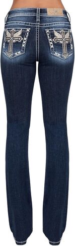 Miss Me Women's Mid-Rise Angel Winged Cross Embellished Pockets Bootcut Jeans in Saudi Arabia