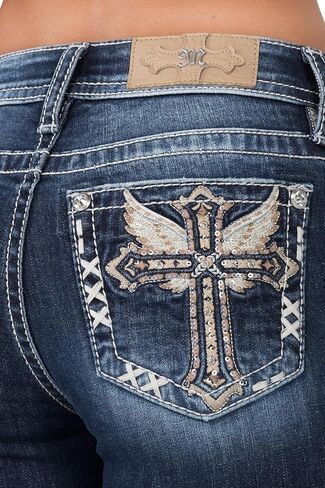 Miss Me Women's Mid-Rise Angel Winged Cross Embellished Pockets Bootcut Jeans in Saudi Arabia