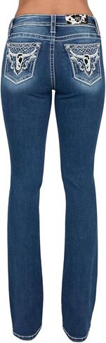 Miss Me Women's Mid-Rise Cow Print Longhorn Embellished Pockets Bootcut Jeans in Saudi Arabia