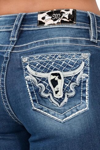 Miss Me Women's Mid-Rise Cow Print Longhorn Embellished Pockets Bootcut Jeans in Saudi Arabia