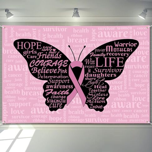 Breast Cancer Awareness Month Banner 72" x 48" Decorations Pink Ribbon Butterfly Inspiring Words Hope Faith Strength Backdrop Phtotgraphy Background for Charity Activity Fundraising Gathering in Saudi Arabia
