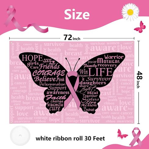 Breast Cancer Awareness Month Banner 72" x 48" Decorations Pink Ribbon Butterfly Inspiring Words Hope Faith Strength Backdrop Phtotgraphy Background for Charity Activity Fundraising Gathering in Saudi Arabia