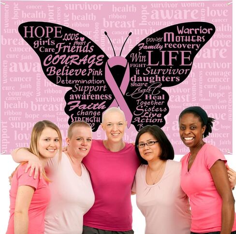 Breast Cancer Awareness Month Banner 72" x 48" Decorations Pink Ribbon Butterfly Inspiring Words Hope Faith Strength Backdrop Phtotgraphy Background for Charity Activity Fundraising Gathering in Saudi Arabia