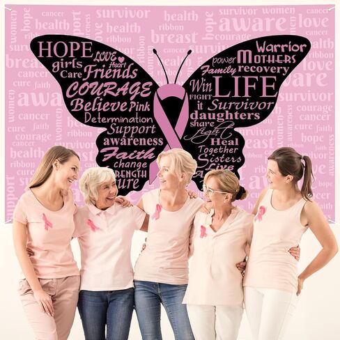 Breast Cancer Awareness Month Banner 72" x 48" Decorations Pink Ribbon Butterfly Inspiring Words Hope Faith Strength Backdrop Phtotgraphy Background for Charity Activity Fundraising Gathering in Saudi Arabia