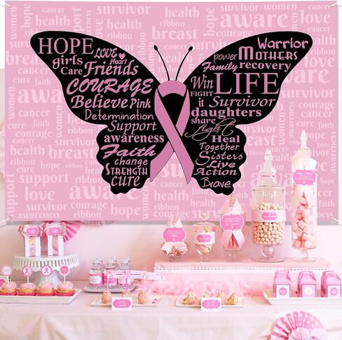 Breast Cancer Awareness Month Banner 72" x 48" Decorations Pink Ribbon Butterfly Inspiring Words Hope Faith Strength Backdrop Phtotgraphy Background for Charity Activity Fundraising Gathering in Saudi Arabia