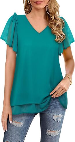 Women's V Neck Tunic Tops Dressy Casual Flutter Sleeve Tiered Chiffon Blouse in Saudi Arabia