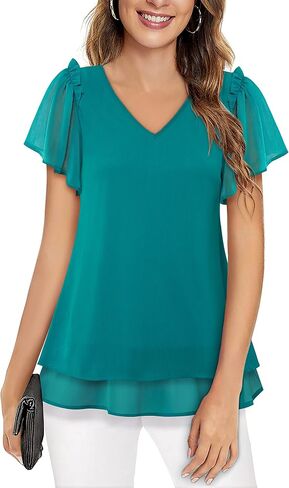 Women's V Neck Tunic Tops Dressy Casual Flutter Sleeve Tiered Chiffon Blouse in Saudi Arabia