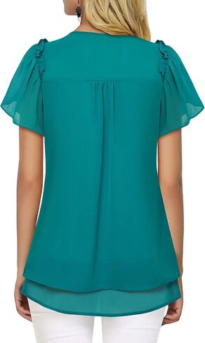 Women's V Neck Tunic Tops Dressy Casual Flutter Sleeve Tiered Chiffon Blouse in Saudi Arabia