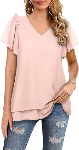 Women's V Neck Tunic Tops Dressy Casual Flutter Sleeve Tiered Chiffon Blouse in Saudi Arabia