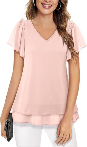 Women's V Neck Tunic Tops Dressy Casual Flutter Sleeve Tiered Chiffon Blouse in Saudi Arabia