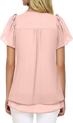 Women's V Neck Tunic Tops Dressy Casual Flutter Sleeve Tiered Chiffon Blouse in Saudi Arabia