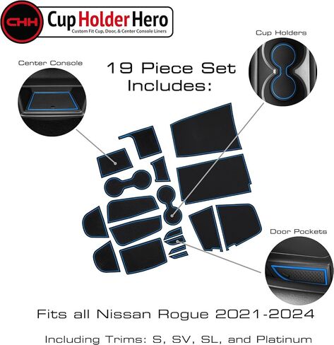 CupHolderHero يناسب ملحقات Nissan Rogue 2021-2024 الداخلية المخصصة الفاخرة غير القابلة للانزلاق المضادة للغبار حامل الأكواب، سجادات بطانة وحدة التحكم المركزية، بطانات جيب الباب مجموعة 19 قطعة (زخرفة رمادية) in Saudi Arabia