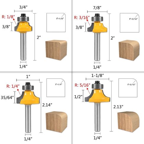 مجموعة لقم توجيه دائرية مكونة من 4 قطع، لقم توجيه دائرية 1/4 ساق، نصف قطر في 1/8 بوصة، 1/4 بوصة، 3/16 بوصة، 5/16 بوصة، تشكيل حافة مستديرة من الكربيد للحواف المستديرة/حواف الخزانة in Saudi Arabia