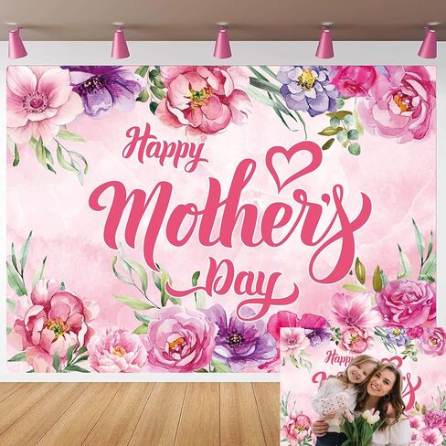 Mother's Day Photography Backdrop 7x5FT Mother's Day Birthday Party Background Pink Flower Wall Backdrop Women Queen's Day Thanks Mama Banner Photo Props 82x59inch in Saudi Arabia