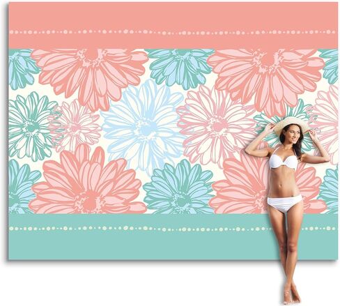 بطانية شاطئ ناعمة مضاءة بنور الشمس مقاس 106 بوصة × 81 بوصة مقاومة للرمل، سجادة شاطئ خالية من الرمال مع جيب زاوية وحقيبة شبكية لحفلات الشاطئ والسفر والتخييم ومهرجان الموسيقى في الهواء الطلق، أزرق وردي in Kuwait