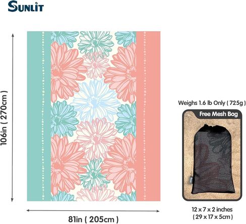 بطانية شاطئ ناعمة مضاءة بنور الشمس مقاس 106 بوصة × 81 بوصة مقاومة للرمل، سجادة شاطئ خالية من الرمال مع جيب زاوية وحقيبة شبكية لحفلات الشاطئ والسفر والتخييم ومهرجان الموسيقى في الهواء الطلق، أزرق وردي in Kuwait