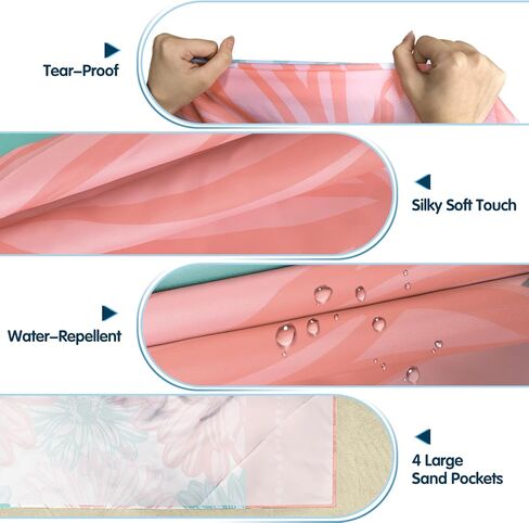 بطانية شاطئ ناعمة مضاءة بنور الشمس مقاس 106 بوصة × 81 بوصة مقاومة للرمل، سجادة شاطئ خالية من الرمال مع جيب زاوية وحقيبة شبكية لحفلات الشاطئ والسفر والتخييم ومهرجان الموسيقى في الهواء الطلق، أزرق وردي in Kuwait