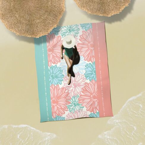 بطانية شاطئ ناعمة مضاءة بنور الشمس مقاس 106 بوصة × 81 بوصة مقاومة للرمل، سجادة شاطئ خالية من الرمال مع جيب زاوية وحقيبة شبكية لحفلات الشاطئ والسفر والتخييم ومهرجان الموسيقى في الهواء الطلق، أزرق وردي in Kuwait