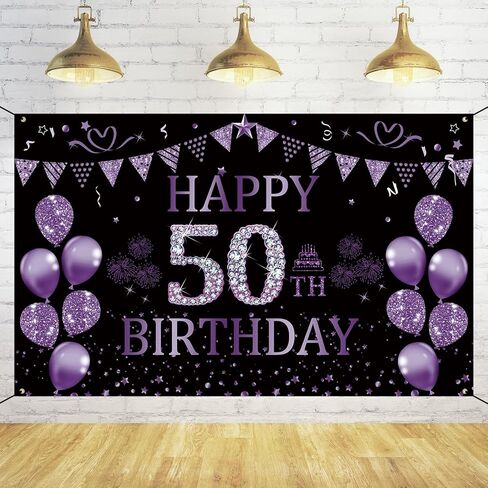 خلفية عيد ميلاد trgowaul الخمسين باللون الأسود والأرجواني 5.9 × 3.6 قدم لافتة زينة لحفلات أعياد الميلاد السعيدة للنساء والرجال، لوازم التصوير الفوتوغرافي، خلفية زينة عيد ميلاد سعيد 50 in Kuwait