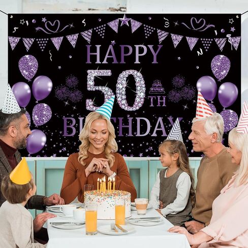 خلفية عيد ميلاد trgowaul الخمسين باللون الأسود والأرجواني 5.9 × 3.6 قدم لافتة زينة لحفلات أعياد الميلاد السعيدة للنساء والرجال، لوازم التصوير الفوتوغرافي، خلفية زينة عيد ميلاد سعيد 50 in Kuwait