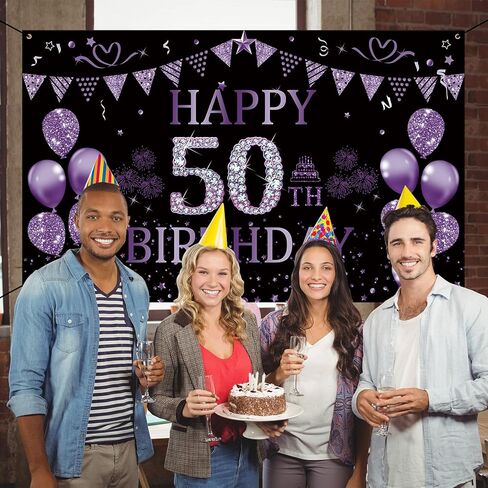 خلفية عيد ميلاد trgowaul الخمسين باللون الأسود والأرجواني 5.9 × 3.6 قدم لافتة زينة لحفلات أعياد الميلاد السعيدة للنساء والرجال، لوازم التصوير الفوتوغرافي، خلفية زينة عيد ميلاد سعيد 50 in Kuwait