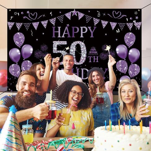 خلفية عيد ميلاد trgowaul الخمسين باللون الأسود والأرجواني 5.9 × 3.6 قدم لافتة زينة لحفلات أعياد الميلاد السعيدة للنساء والرجال، لوازم التصوير الفوتوغرافي، خلفية زينة عيد ميلاد سعيد 50 in Kuwait