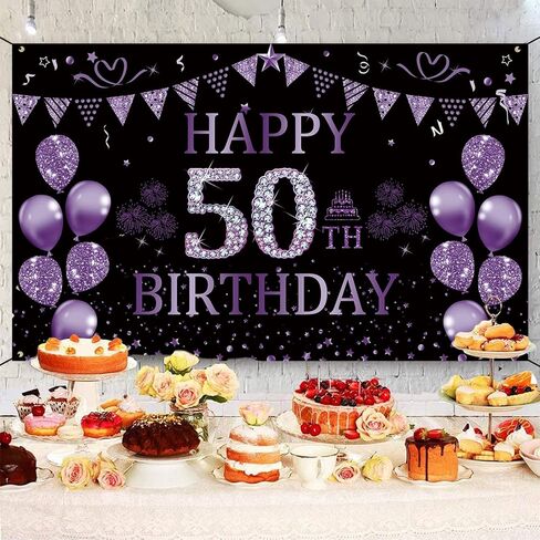 خلفية عيد ميلاد trgowaul الخمسين باللون الأسود والأرجواني 5.9 × 3.6 قدم لافتة زينة لحفلات أعياد الميلاد السعيدة للنساء والرجال، لوازم التصوير الفوتوغرافي، خلفية زينة عيد ميلاد سعيد 50 in Kuwait