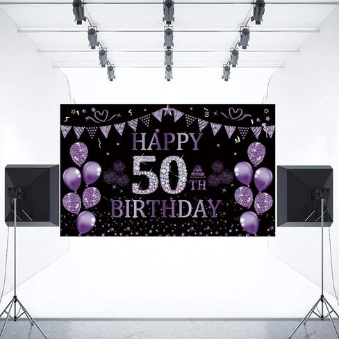 خلفية عيد ميلاد trgowaul الخمسين باللون الأسود والأرجواني 5.9 × 3.6 قدم لافتة زينة لحفلات أعياد الميلاد السعيدة للنساء والرجال، لوازم التصوير الفوتوغرافي، خلفية زينة عيد ميلاد سعيد 50 in Kuwait