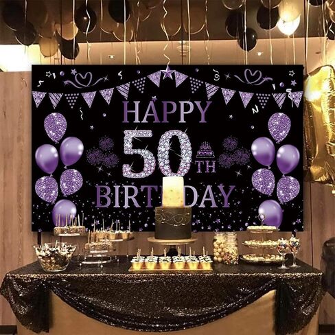خلفية عيد ميلاد trgowaul الخمسين باللون الأسود والأرجواني 5.9 × 3.6 قدم لافتة زينة لحفلات أعياد الميلاد السعيدة للنساء والرجال، لوازم التصوير الفوتوغرافي، خلفية زينة عيد ميلاد سعيد 50 in Kuwait