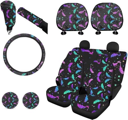Purple Sugar Skull Car Seat Cover Set with Handbrake Cover&Gear Shift Cover Set+Headrest Cover for Car15 Steering Wheel Cover+Car Cup Pad Full Set 11 PCS Car Interior Decor in Saudi Arabia