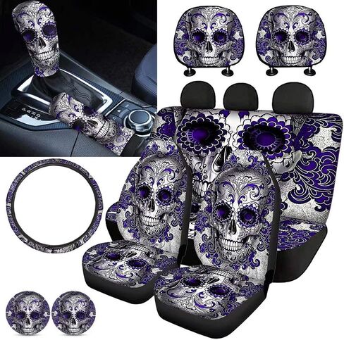 Purple Sugar Skull Car Seat Cover Set with Handbrake Cover&Gear Shift Cover Set+Headrest Cover for Car15 Steering Wheel Cover+Car Cup Pad Full Set 11 PCS Car Interior Decor in Saudi Arabia