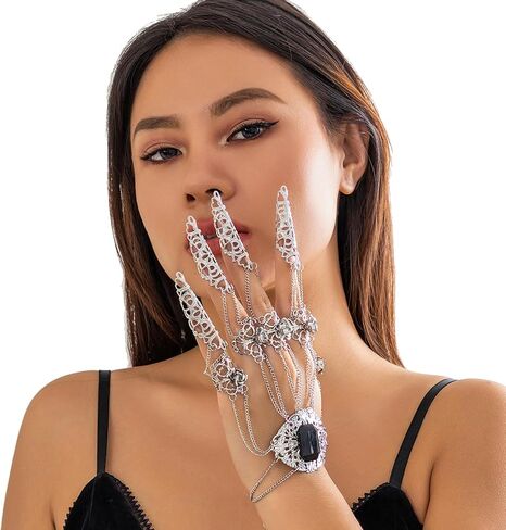 Punk Finger Bracelets with Ring,Exaggerated Finger Wrist Chains Gothic Halloween Body Accessory Jewelry for Women in Saudi Arabia