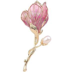 14K Gold Magnolia Enamel Brooch with Moissanite - Elegant & Colorful Pin for Autumn/Winter Outfits, Sophisticated Accessory, Ideal Gift for Her in Saudi Arabia