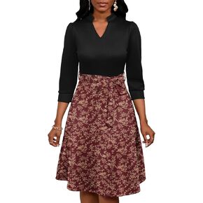 PerZeal Women's Casual Flowy A-Line Midi Dress Flared V-Neck Colorblock Print for Wedding Guest 3/4 Sleeve Dress with Belt in Kuwait