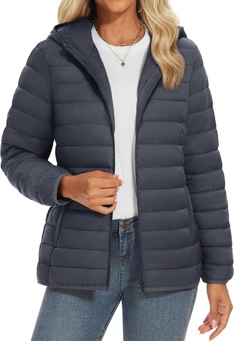 YUCOLEN Women's Puffer Jacket with Hood Lightweight Quilted Padded 4 Pockets Zip-up Coat Winter Jackets for Women in Kuwait