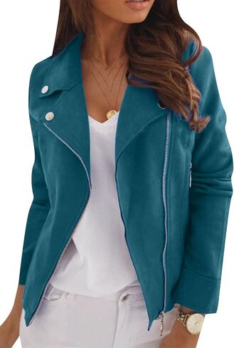 Omzin Women Zipper Color Outwear Faux Suede Party Retro Coat Bomber Jacket Long Sleeve in Kuwait