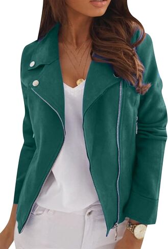 Omzin Women Zipper Color Outwear Faux Suede Party Retro Coat Bomber Jacket Long Sleeve in Kuwait