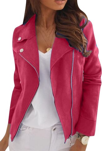 Omzin Women Zipper Color Outwear Faux Suede Party Retro Coat Bomber Jacket Long Sleeve in Kuwait