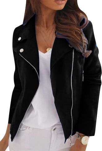 Omzin Women Zipper Color Outwear Faux Suede Party Retro Coat Bomber Jacket Long Sleeve in Kuwait