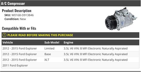 A/C Compressor - Compatible with 2011-2015 Ford Explorer 3.5L V6 VIN 8 MFI Electronic Naturally Aspirated in Saudi Arabia
