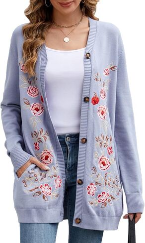 Women's Oversized Open Front Cardigan Sweaters Embroidery Fashion Button Down Knit Outwear Coats with Pockets in Saudi Arabia