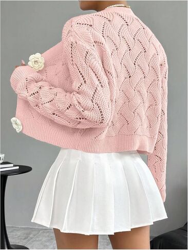 GORGLITTER Women's Button Up Cropped Cardigan Floral Knit Crochet Cute Long Sleeve Sweater Dressy Fashion Trendy 2025 in Saudi Arabia